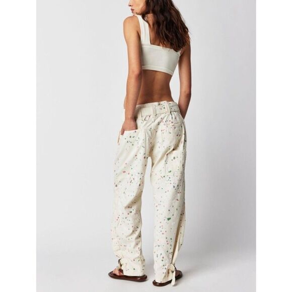 Free People Painter Pants in Ecry Utility Paint Splatter  US 8 NEW - Picture 2 of 5